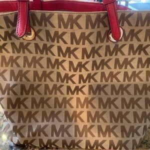 Michael Kors Red and Brown Tote Bag with Monogram Design